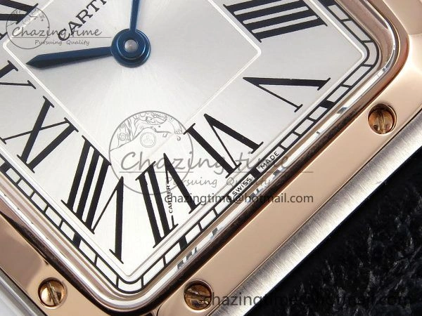 Santos Dumont 27.5mm SS RG AF 1:1 Best Edition Silver Dial on Black Leather Strap A157