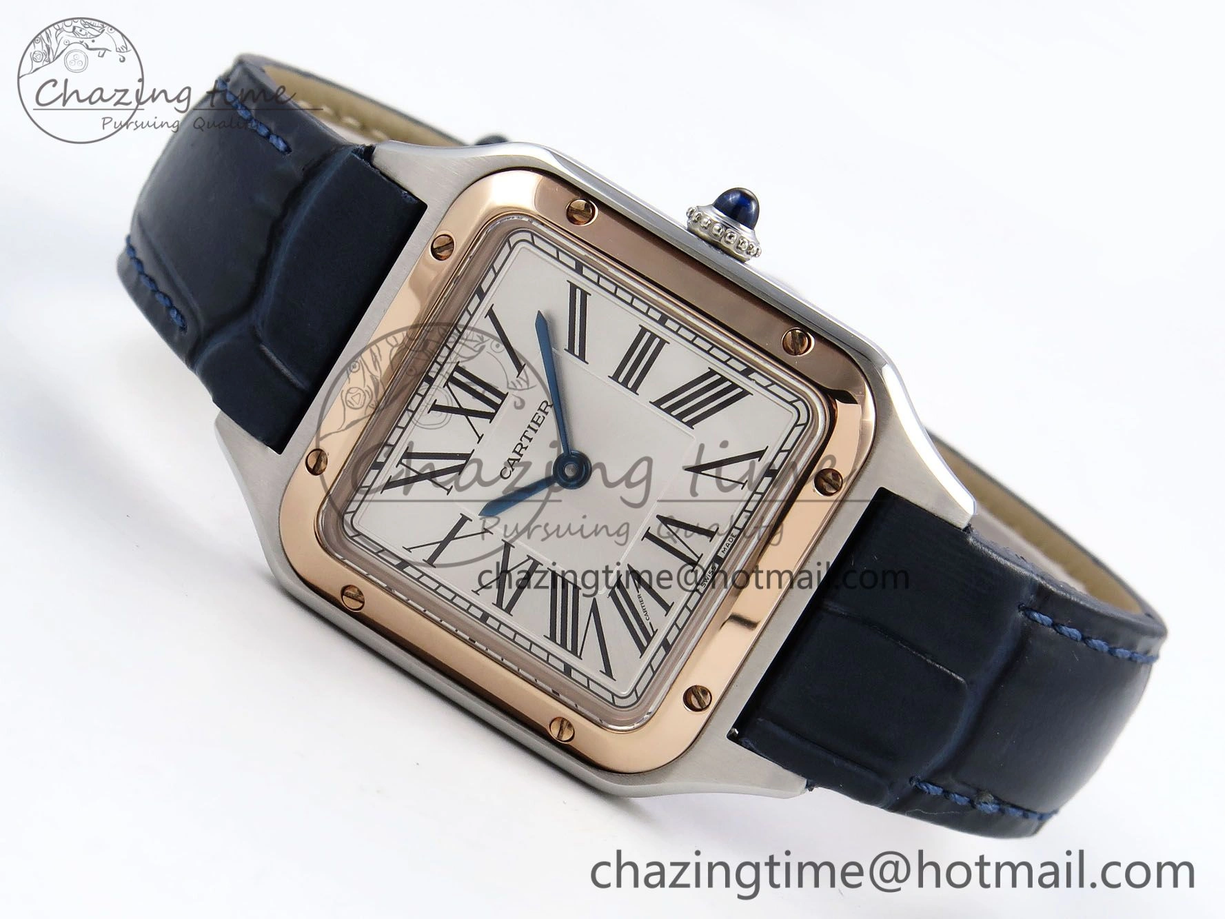 Santos Dumont 27.5mm SS RG AF 1:1 Best Edition Silver Dial on Blue Croco Strap A157
