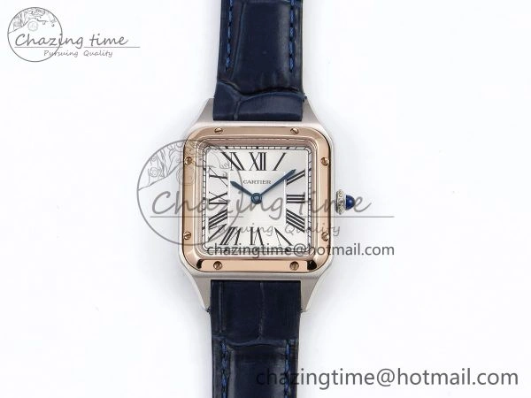Santos Dumont 27.5mm SS RG AF 1:1 Best Edition Silver Dial on Blue Croco Strap A157