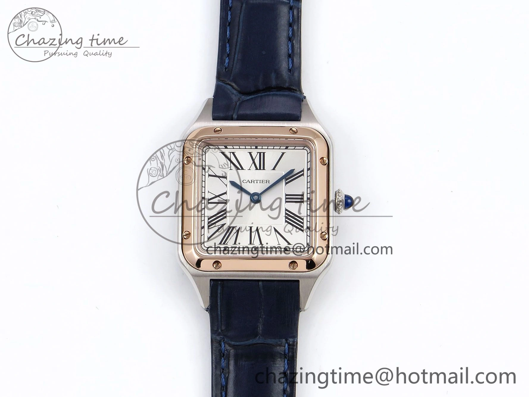 Santos Dumont 27.5mm SS RG AF 1:1 Best Edition Silver Dial on Blue Croco Strap A157