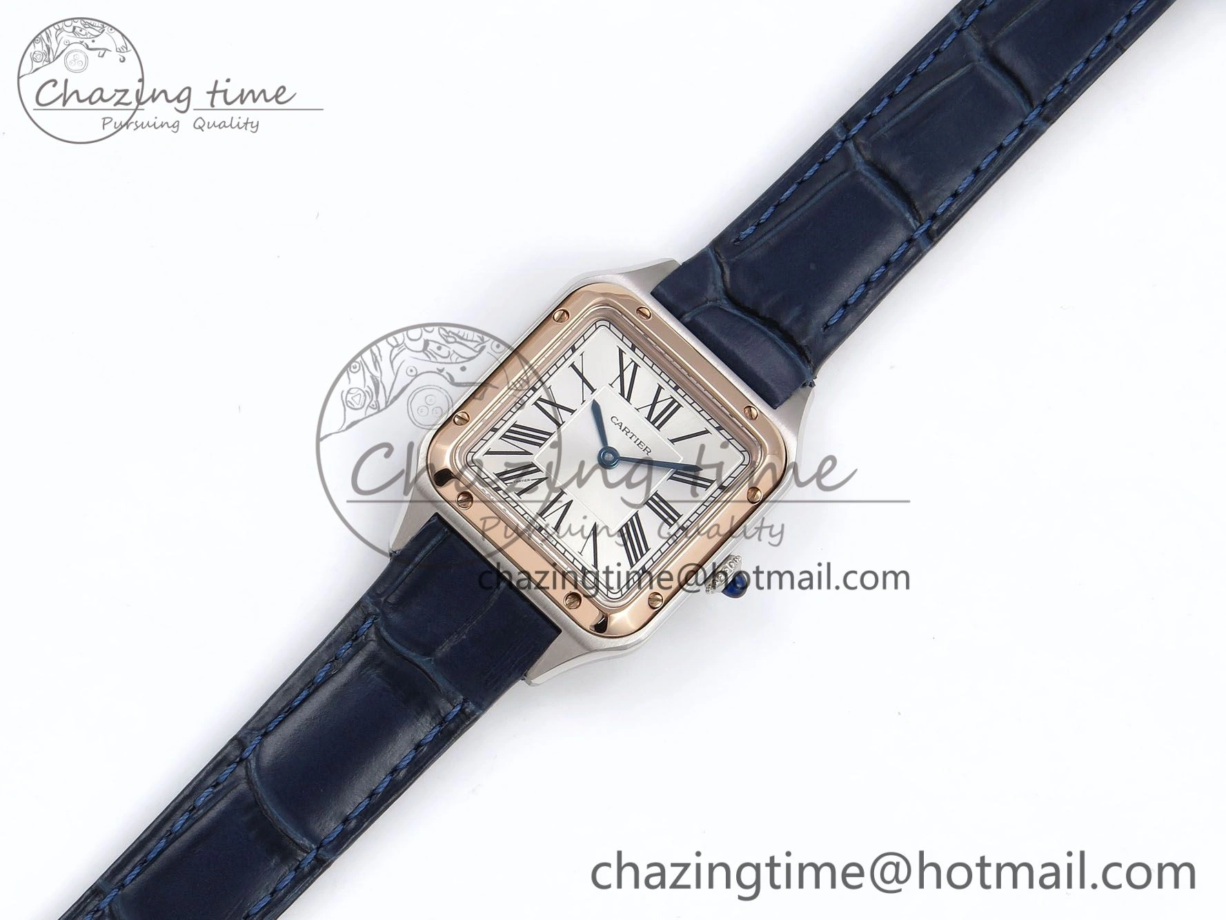 Santos Dumont 27.5mm SS RG AF 1:1 Best Edition Silver Dial on Blue Croco Strap A157