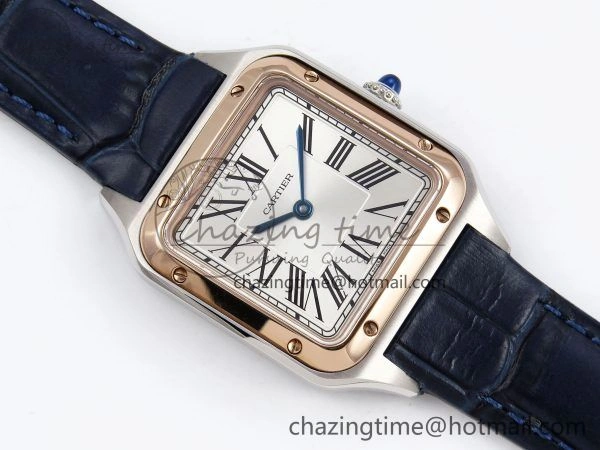 Santos Dumont 27.5mm SS RG AF 1:1 Best Edition Silver Dial on Blue Croco Strap A157