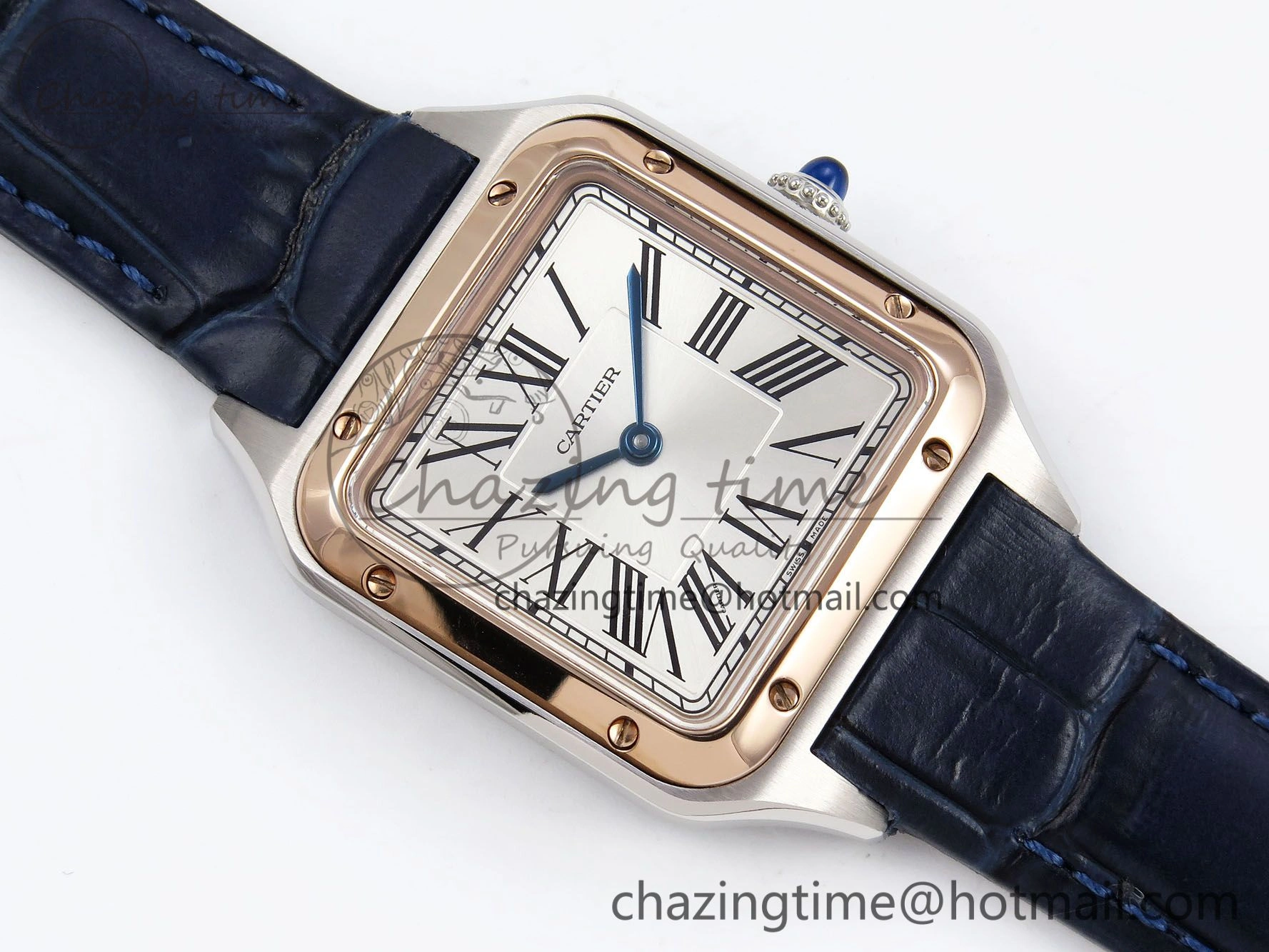 Santos Dumont 27.5mm SS RG AF 1:1 Best Edition Silver Dial on Blue Croco Strap A157