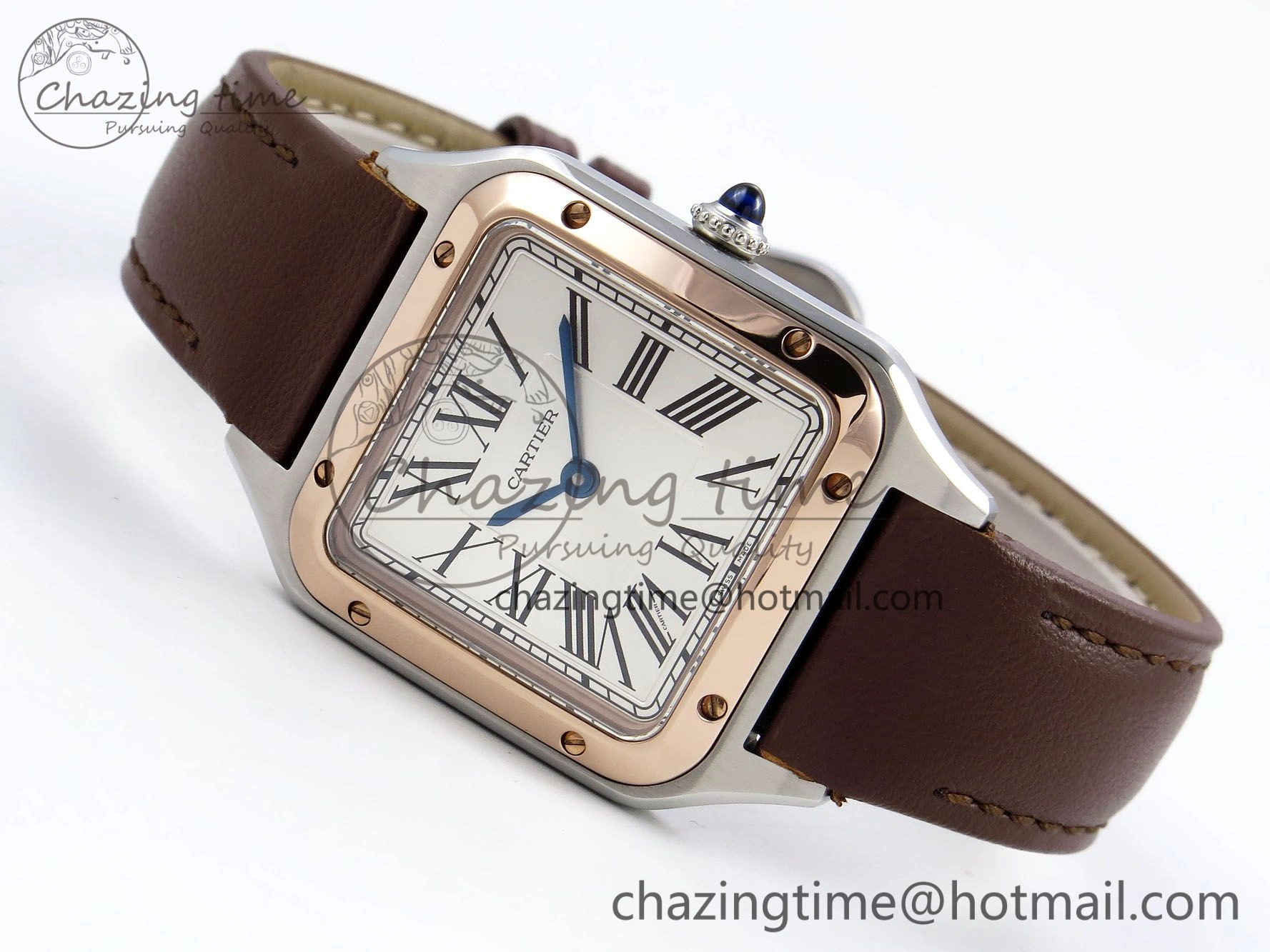 Santos Dumont 27.5mm SS RG AF 1:1 Best Edition Silver Dial on Brown Leather Strap A157