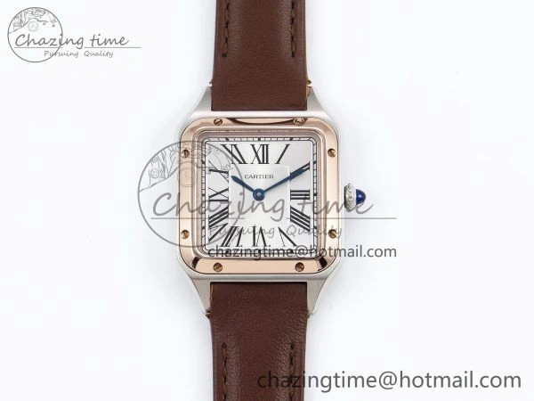 Santos Dumont 27.5mm SS RG AF 1:1 Best Edition Silver Dial on Brown Leather Strap A157