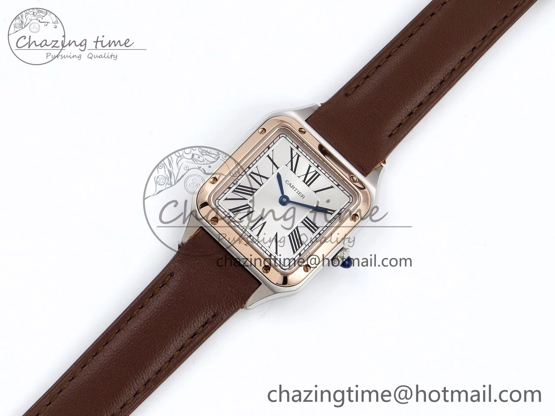 Santos Dumont 27.5mm SS RG AF 1:1 Best Edition Silver Dial on Brown Leather Strap A157