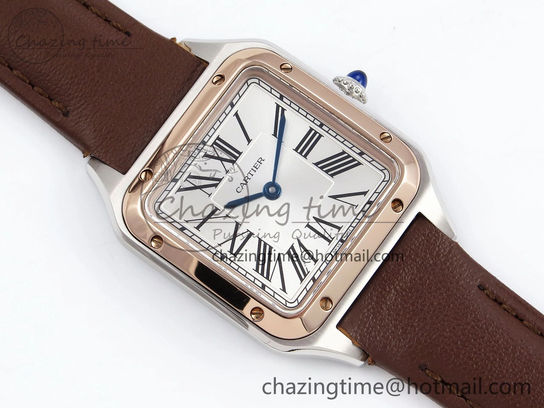 Santos Dumont 27.5mm SS RG AF 1:1 Best Edition Silver Dial on Brown Leather Strap A157