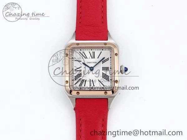 Santos Dumont 27.5mm SS RG AF 1:1 Best Edition Silver Dial on Red Leather Strap A157