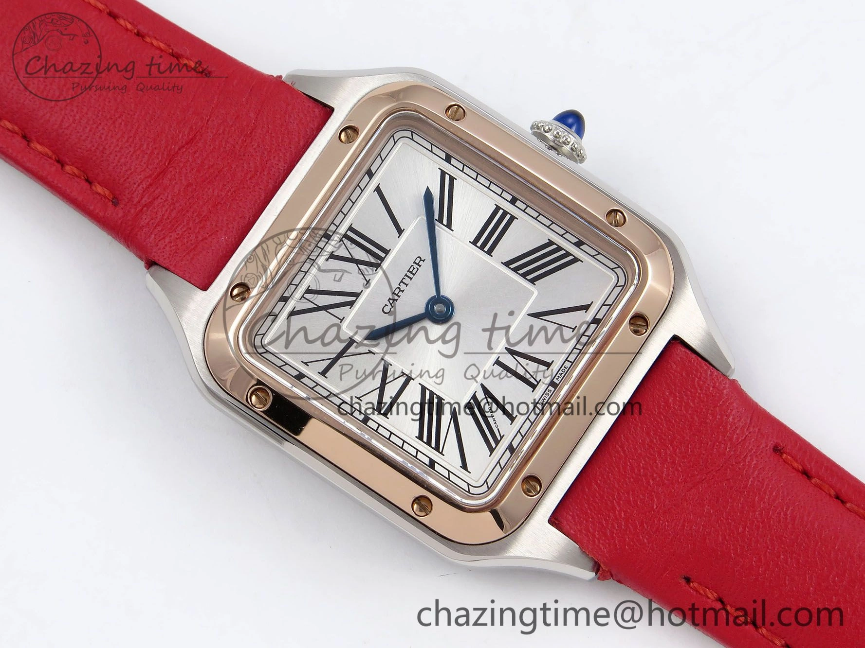 Santos Dumont 27.5mm SS RG AF 1:1 Best Edition Silver Dial on Red Leather Strap A157