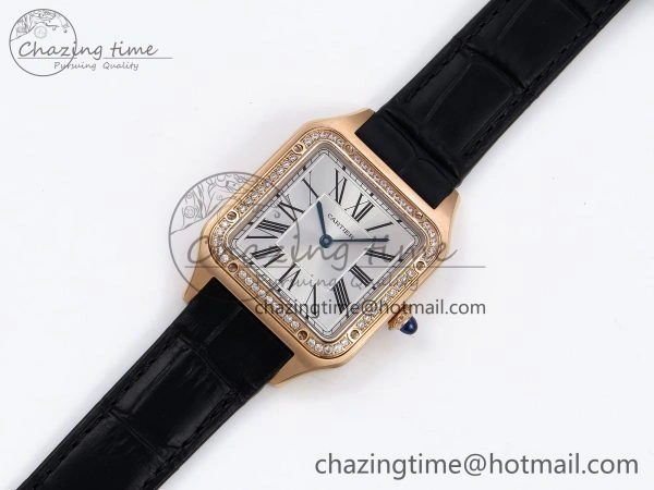 Santos Dumont 31.4mm RG AF 1:1 Best Edition Silver Dial Diamonds Bezel on Black Croco Strap A157
