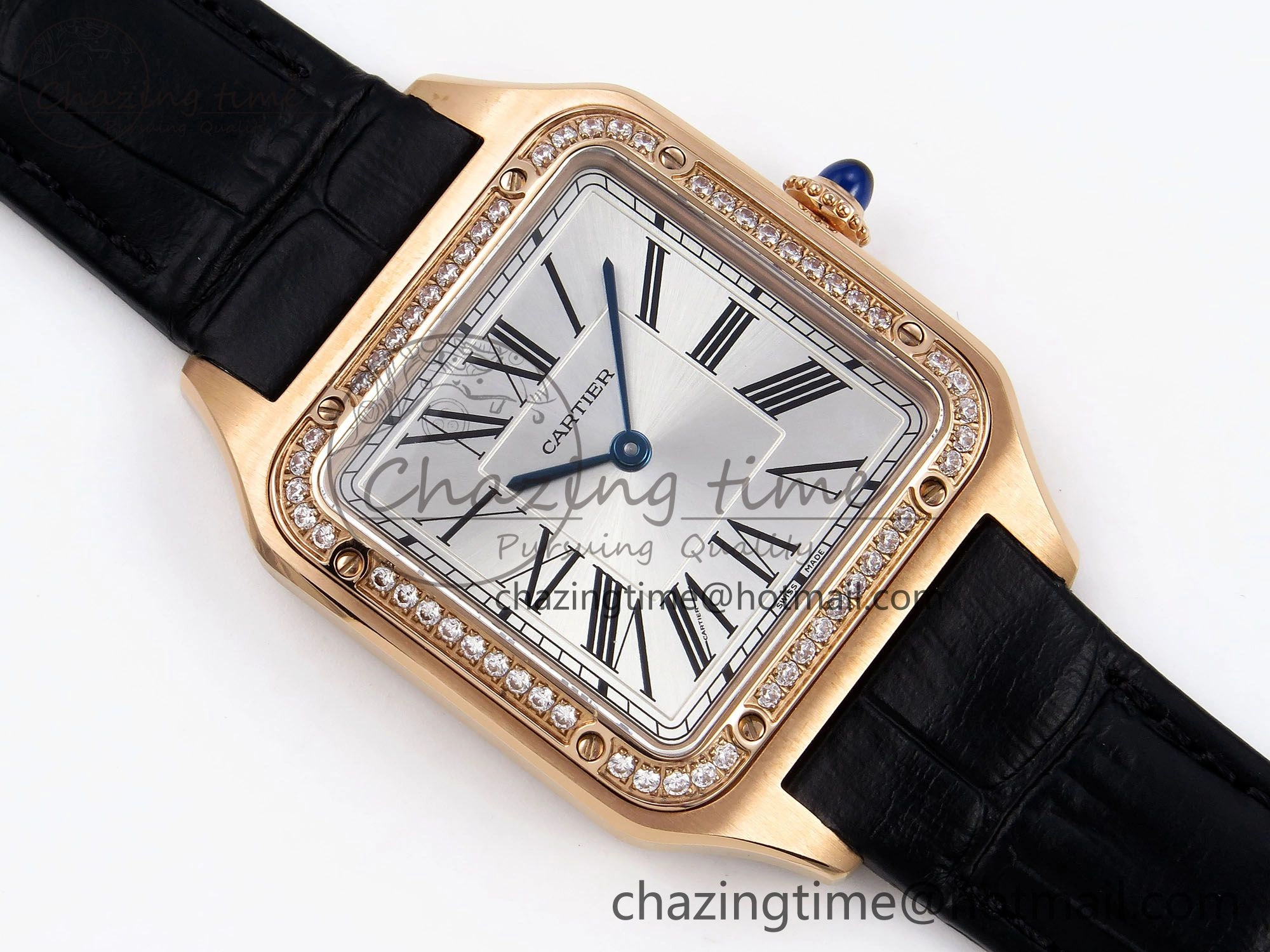 Santos Dumont 31.4mm RG AF 1:1 Best Edition Silver Dial Diamonds Bezel on Black Croco Strap A157