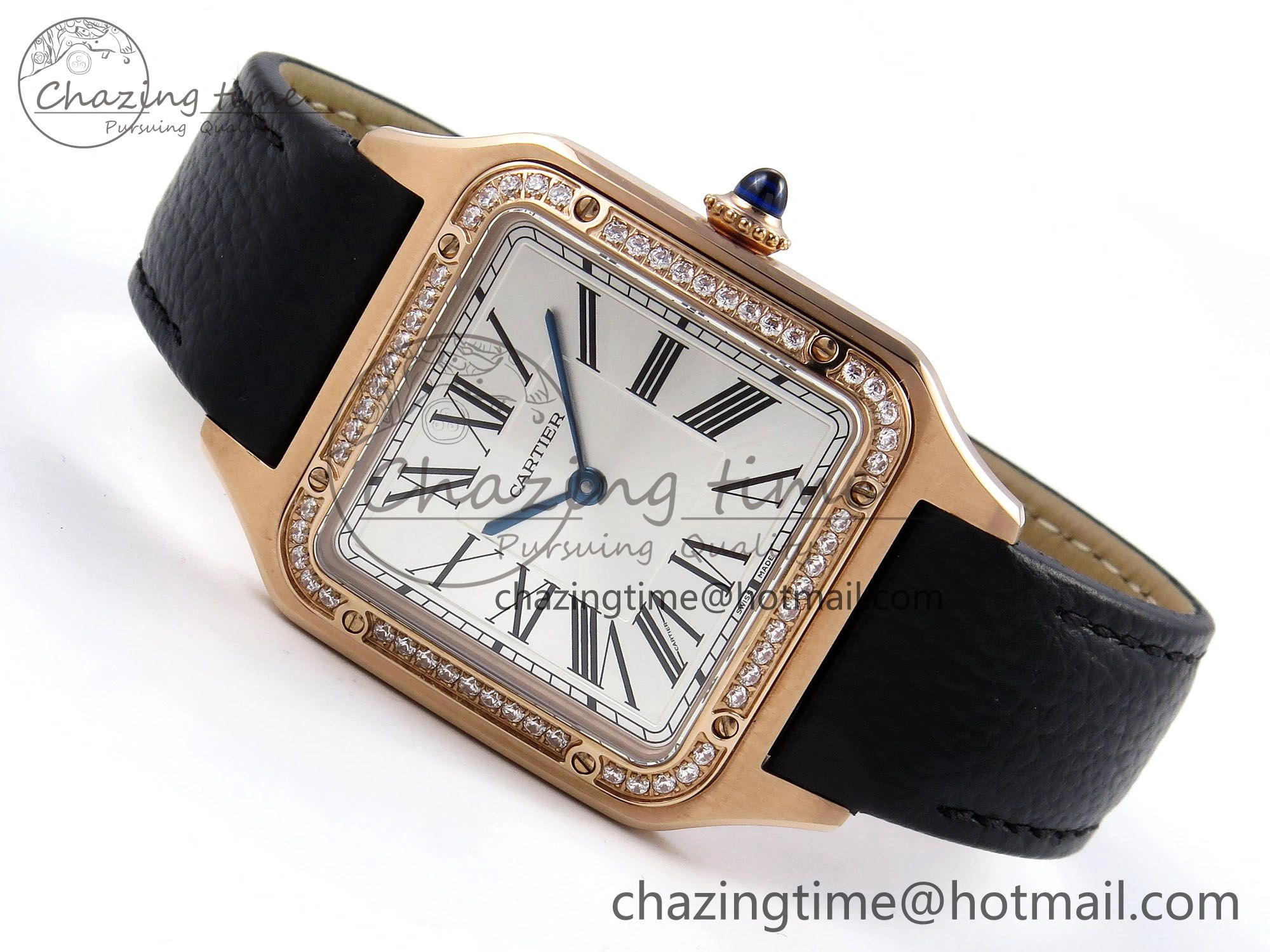 Santos Dumont 31.4mm RG AF 1:1 Best Edition Silver Dial Diamonds Bezel on Black Leather Strap A157