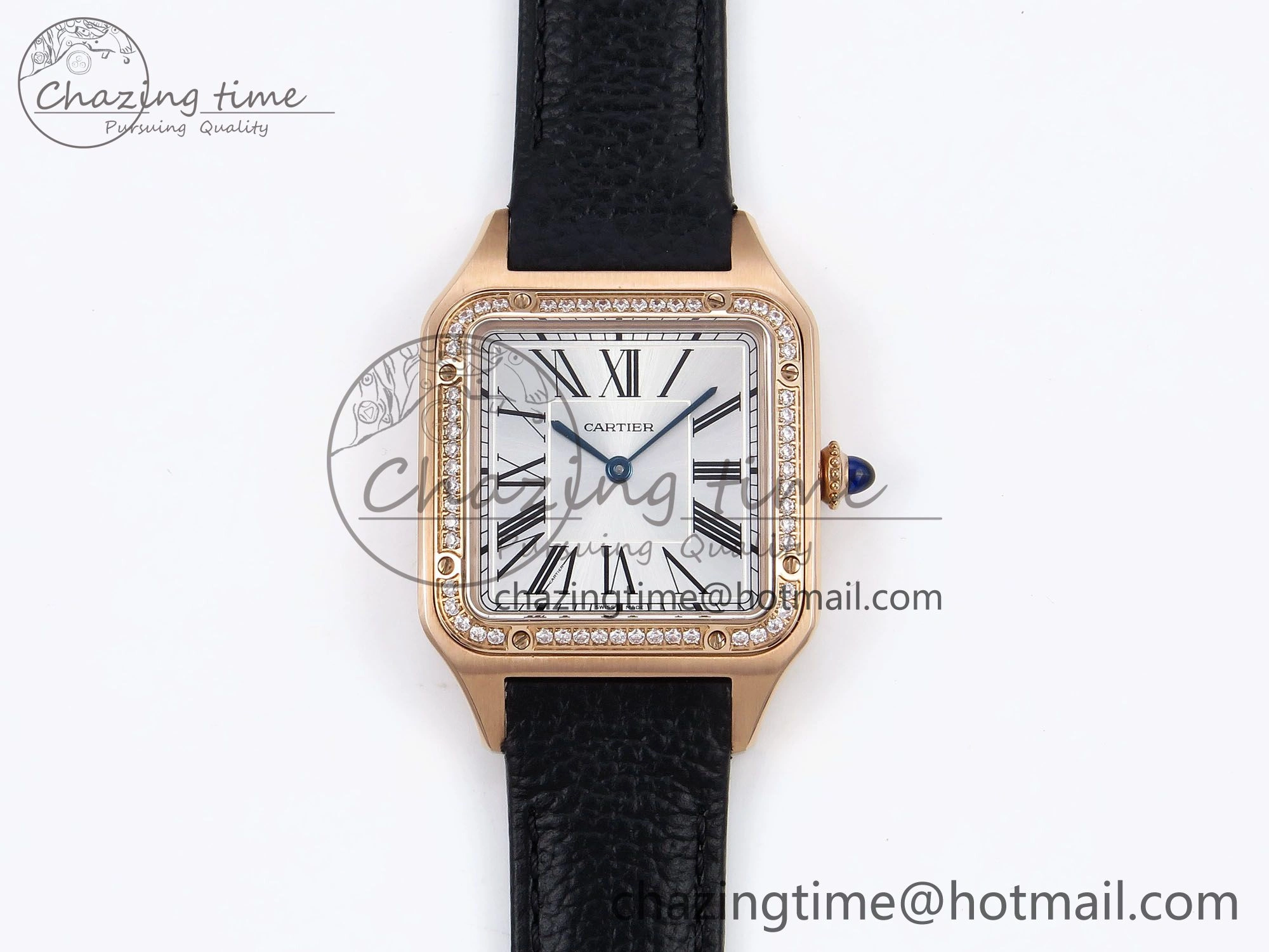 Santos Dumont 31.4mm RG AF 1:1 Best Edition Silver Dial Diamonds Bezel on Black Leather Strap A157