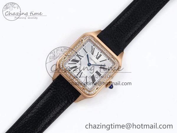 Santos Dumont 31.4mm RG AF 1:1 Best Edition Silver Dial Diamonds Bezel on Black Leather Strap A157