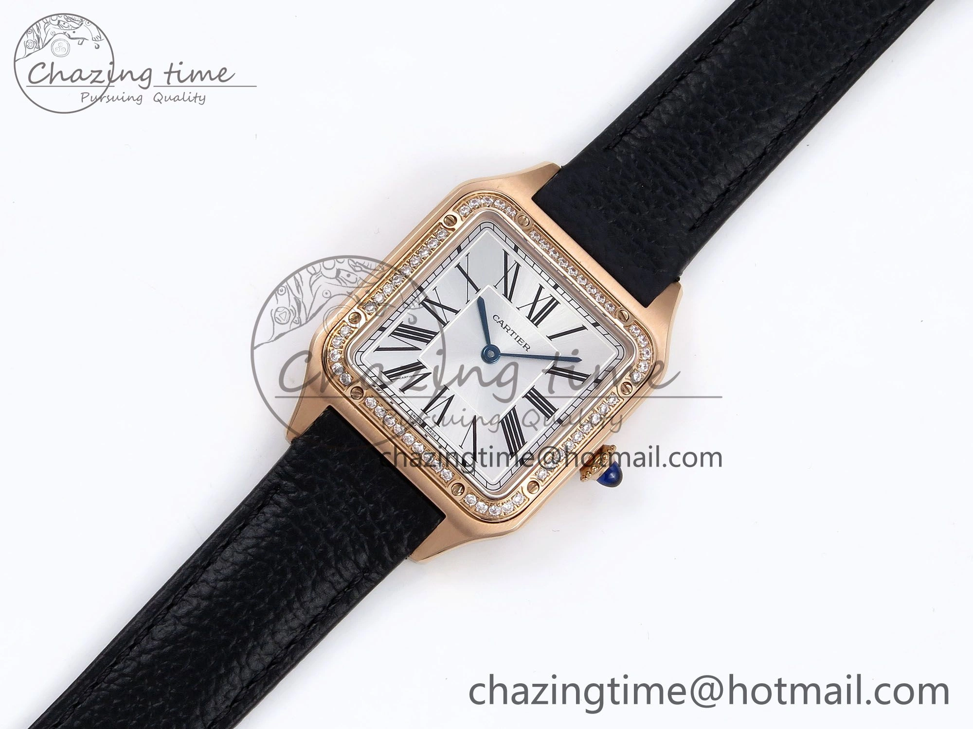 Santos Dumont 31.4mm RG AF 1:1 Best Edition Silver Dial Diamonds Bezel on Black Leather Strap A157
