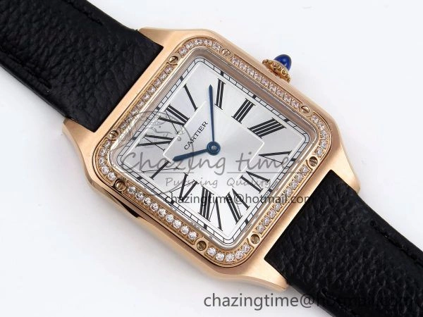 Santos Dumont 31.4mm RG AF 1:1 Best Edition Silver Dial Diamonds Bezel on Black Leather Strap A157