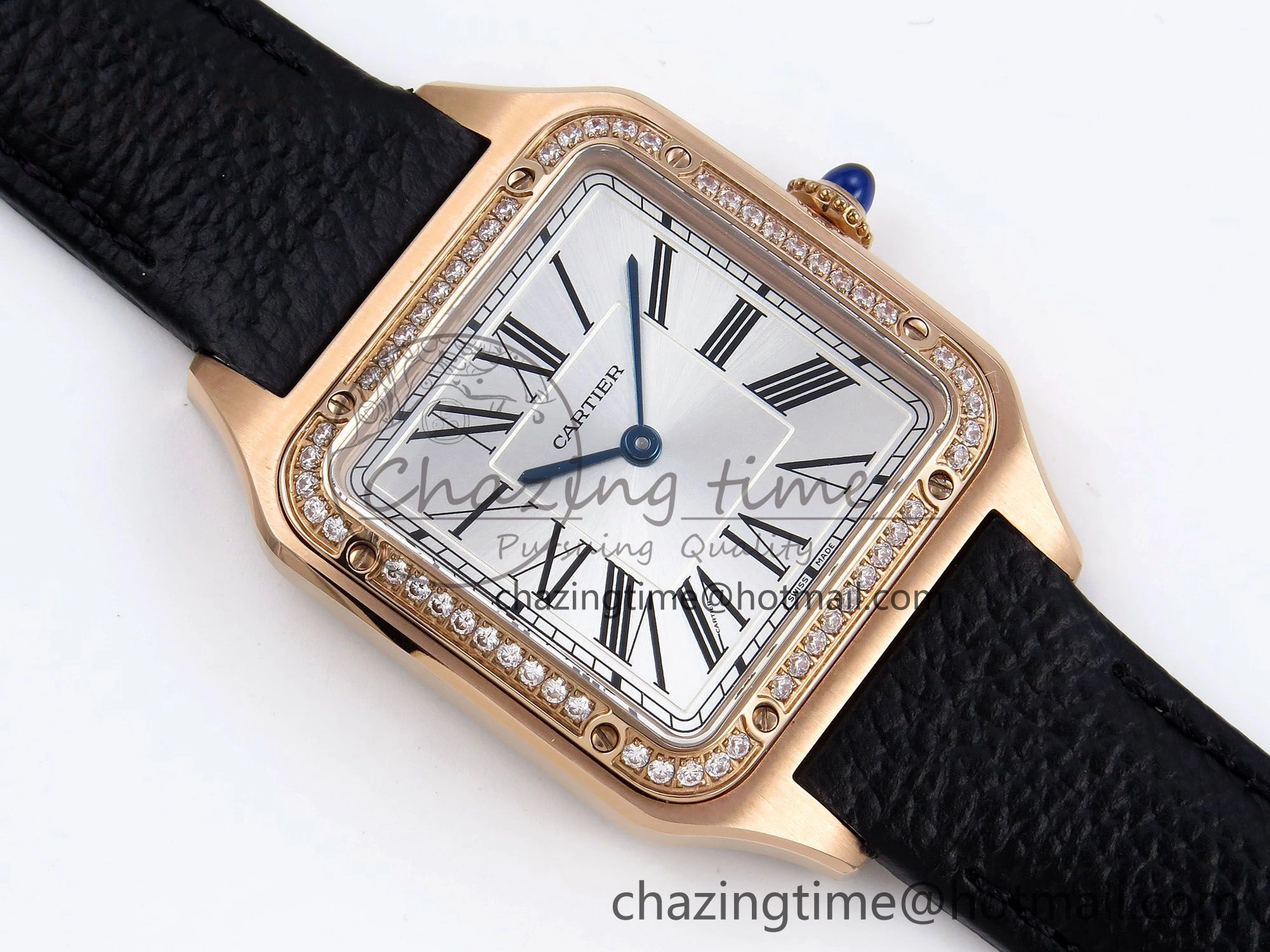 Santos Dumont 31.4mm RG AF 1:1 Best Edition Silver Dial Diamonds Bezel on Black Leather Strap A157
