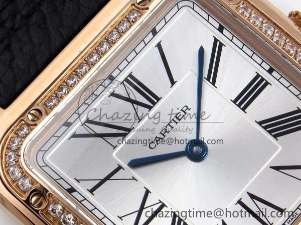 Santos Dumont 31.4mm RG AF 1:1 Best Edition Silver Dial Diamonds Bezel on Black Leather Strap A157
