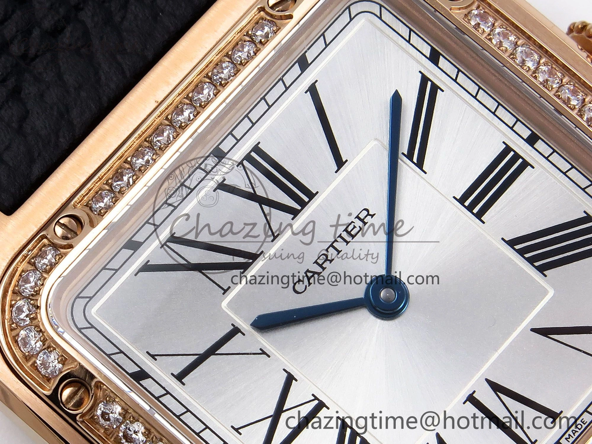 Santos Dumont 31.4mm RG AF 1:1 Best Edition Silver Dial Diamonds Bezel on Black Leather Strap A157