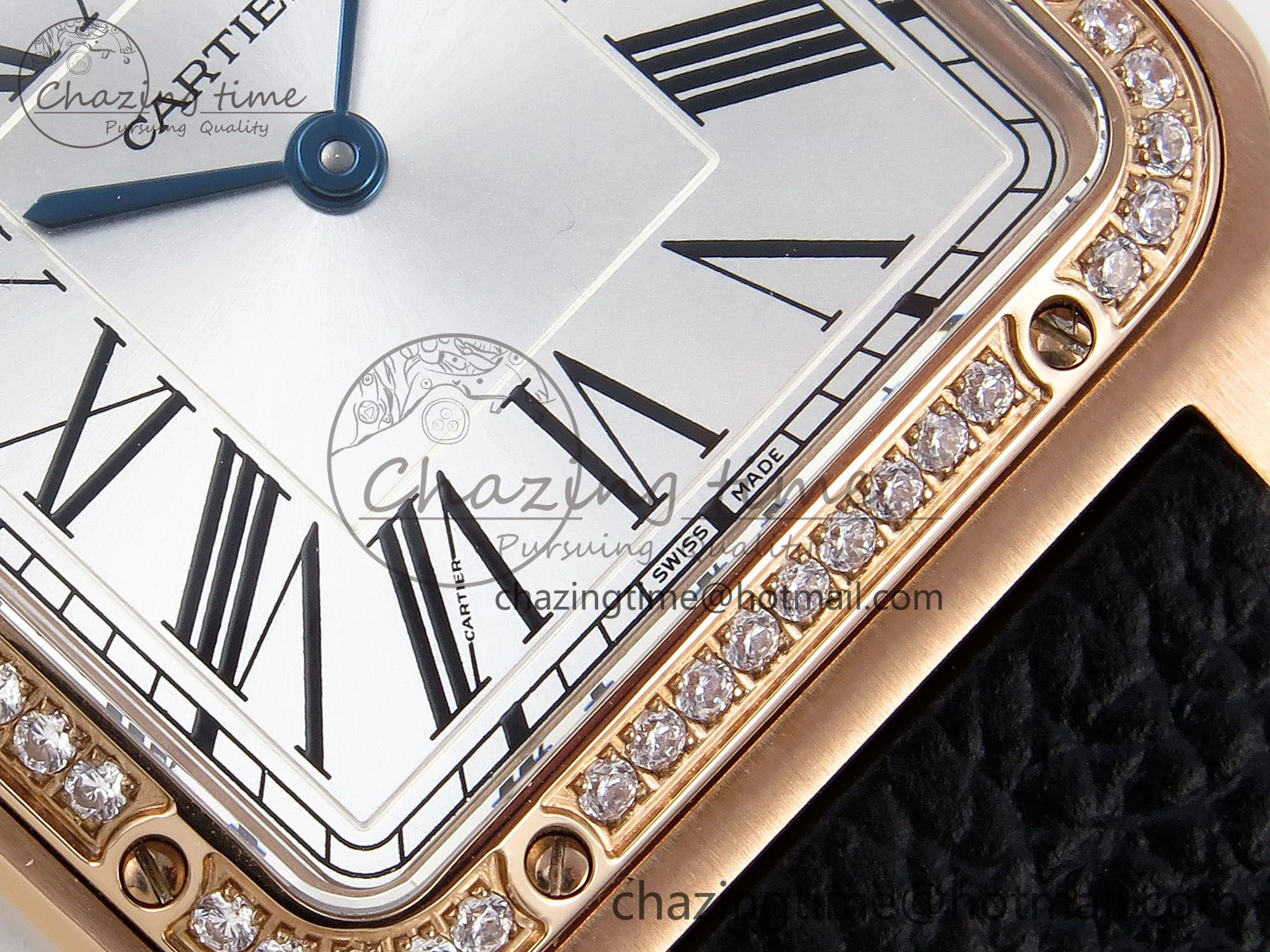 Santos Dumont 31.4mm RG AF 1:1 Best Edition Silver Dial Diamonds Bezel on Black Leather Strap A157