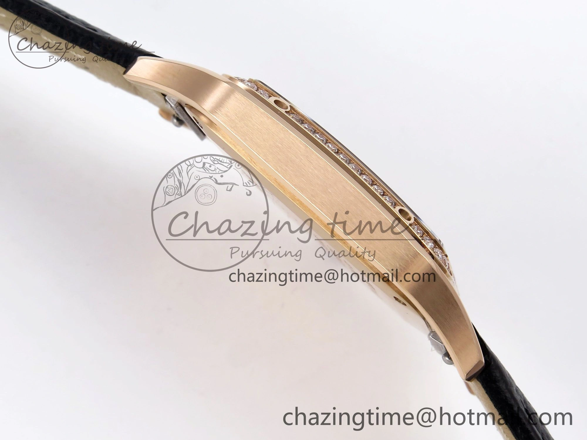 Santos Dumont 31.4mm RG AF 1:1 Best Edition Silver Dial Diamonds Bezel on Black Leather Strap A157