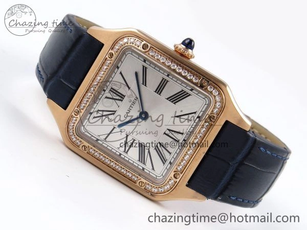 Santos Dumont 31.4mm RG AF 1:1 Best Edition Silver Dial Diamonds Bezel on Blue Croco Strap A157