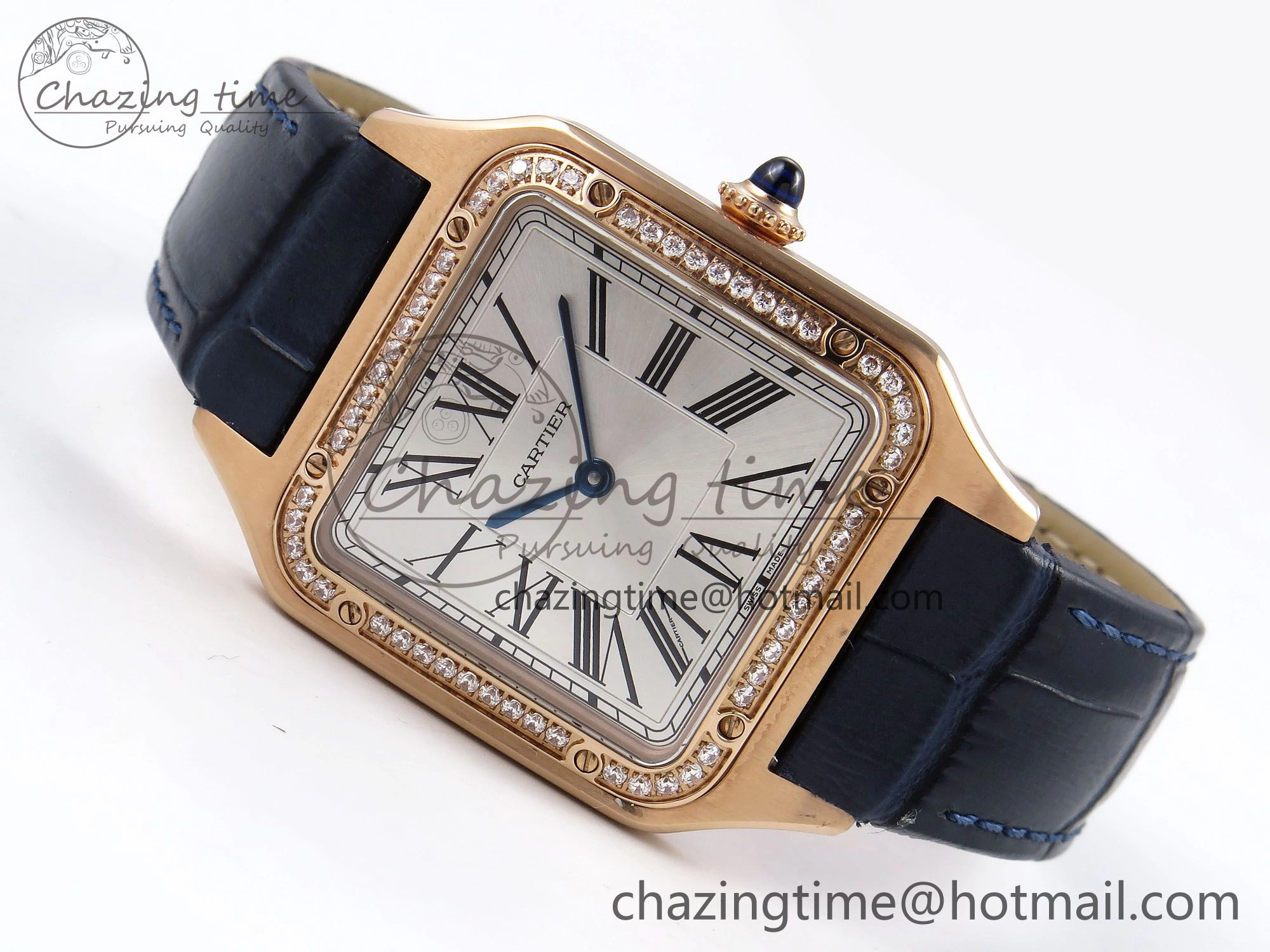 Santos Dumont 31.4mm RG AF 1:1 Best Edition Silver Dial Diamonds Bezel on Blue Croco Strap A157