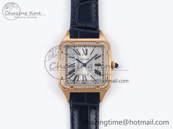 Santos Dumont 31.4mm RG AF 1:1 Best Edition Silver Dial Diamonds Bezel on Blue Croco Strap A157