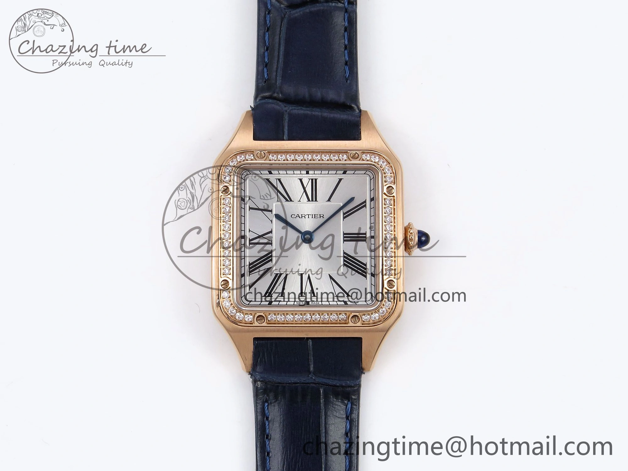Santos Dumont 31.4mm RG AF 1:1 Best Edition Silver Dial Diamonds Bezel on Blue Croco Strap A157