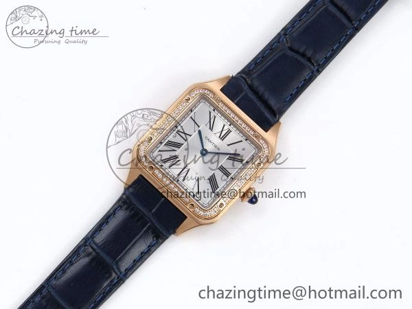 Santos Dumont 31.4mm RG AF 1:1 Best Edition Silver Dial Diamonds Bezel on Blue Croco Strap A157
