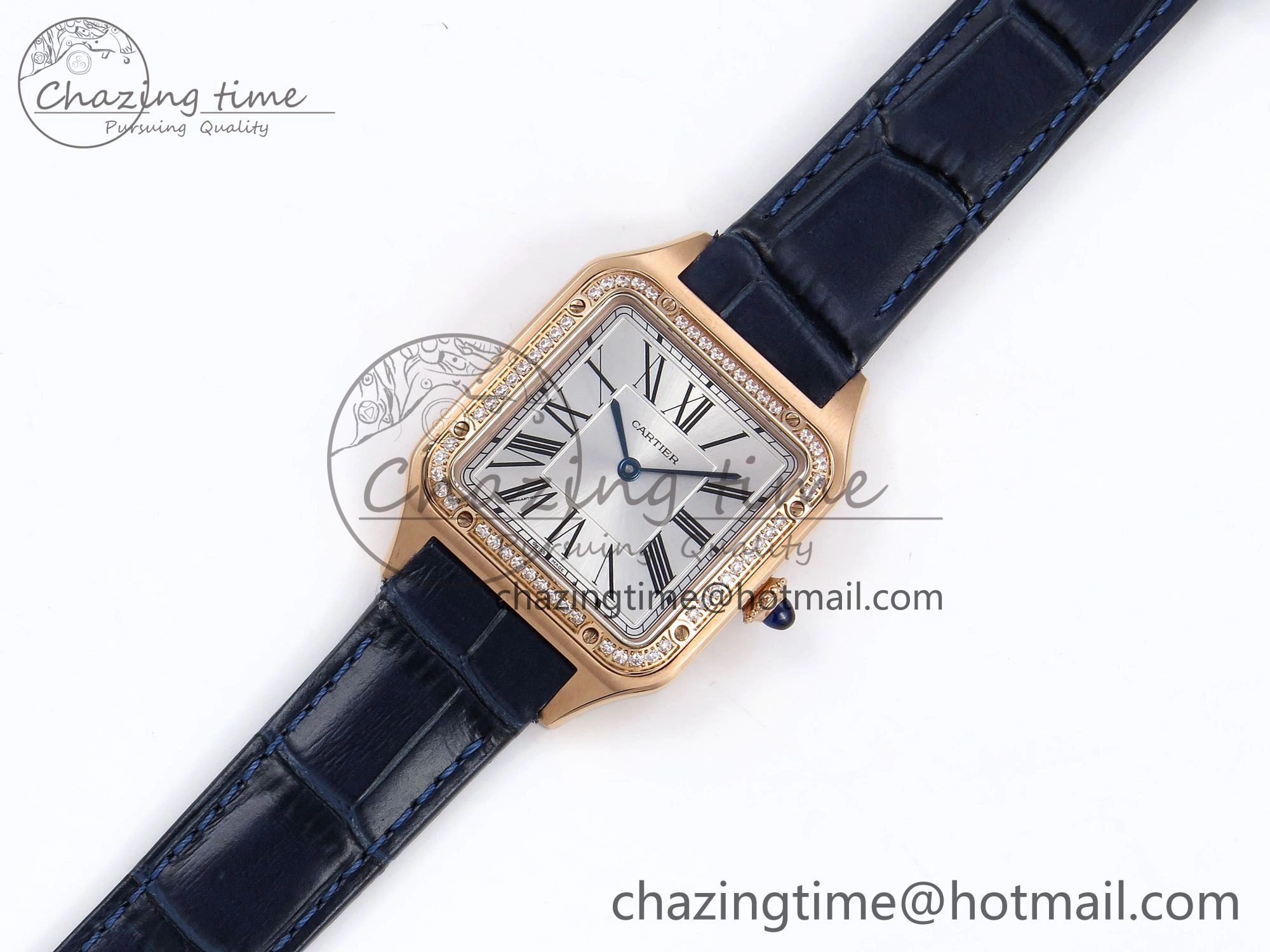 Santos Dumont 31.4mm RG AF 1:1 Best Edition Silver Dial Diamonds Bezel on Blue Croco Strap A157
