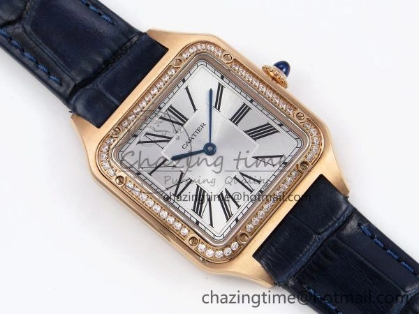 Santos Dumont 31.4mm RG AF 1:1 Best Edition Silver Dial Diamonds Bezel on Blue Croco Strap A157