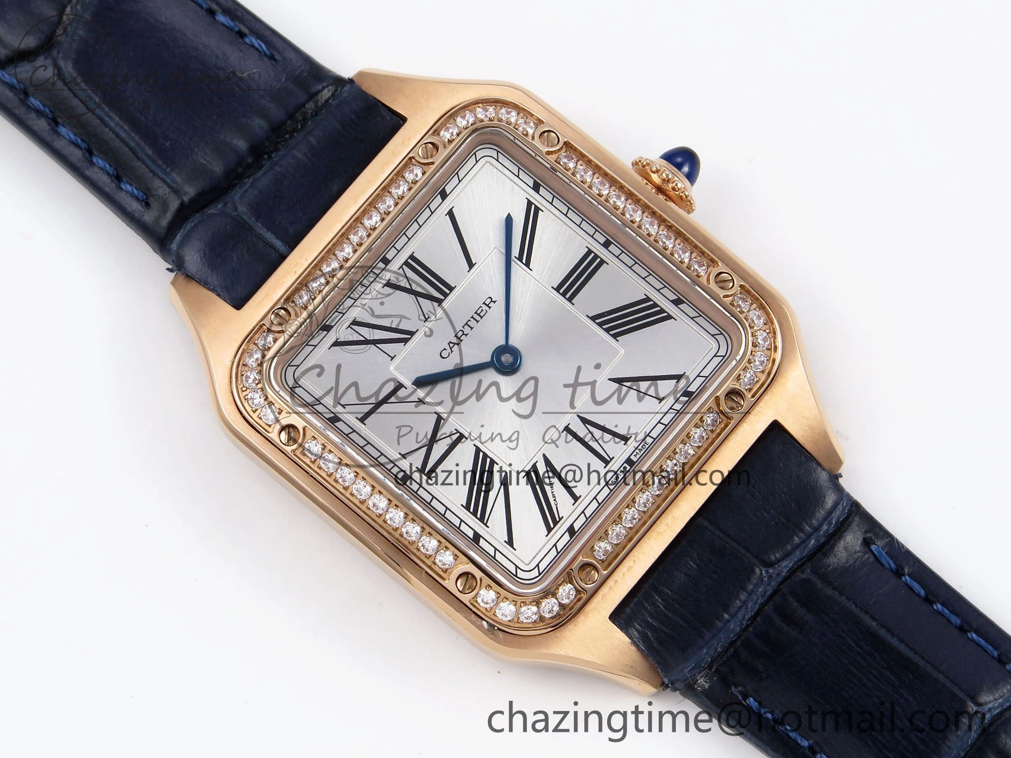 Santos Dumont 31.4mm RG AF 1:1 Best Edition Silver Dial Diamonds Bezel on Blue Croco Strap A157