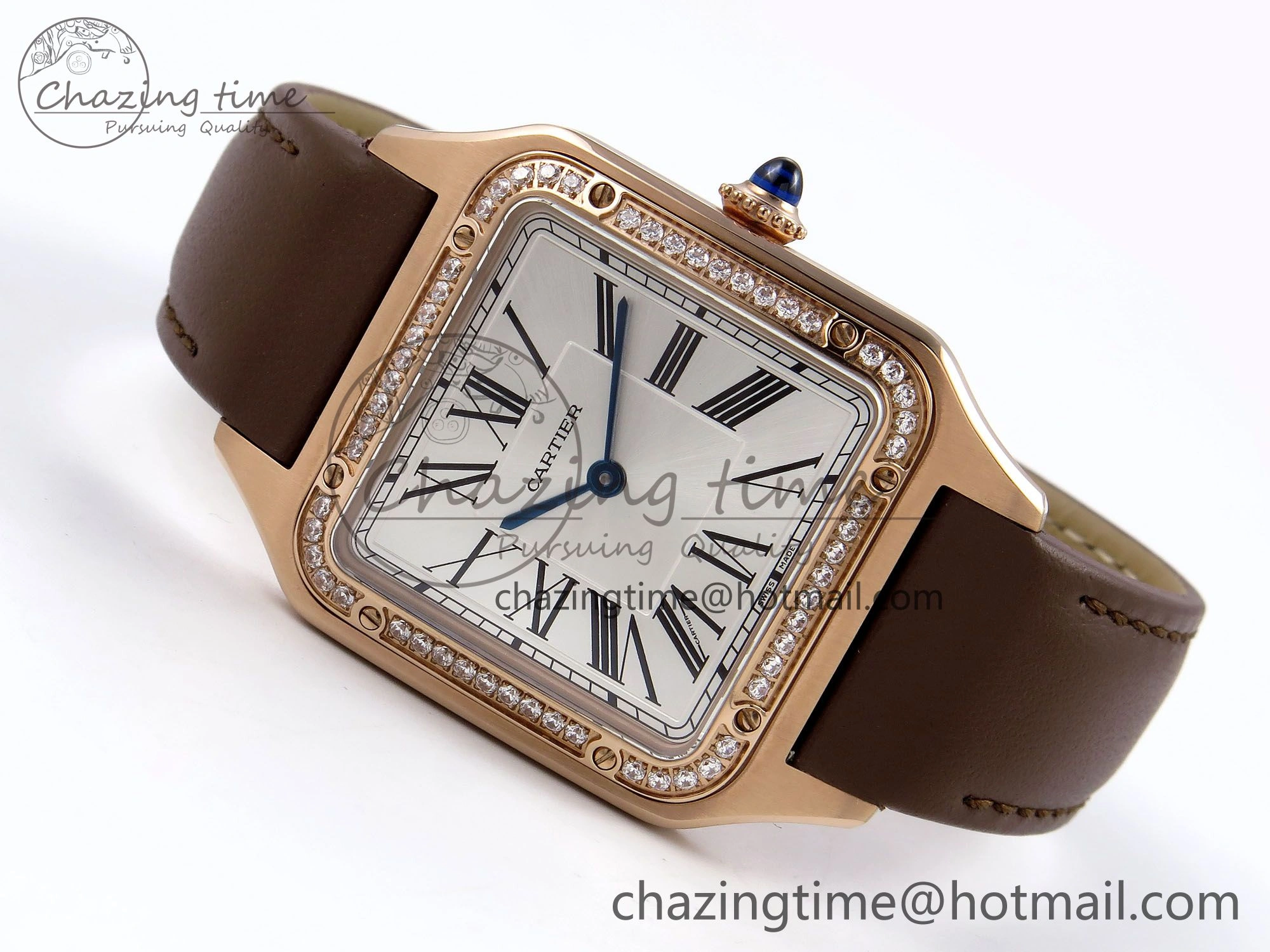 Santos Dumont 31.4mm RG AF 1:1 Best Edition Silver Dial Diamonds Bezel on Brown Leather Strap A157