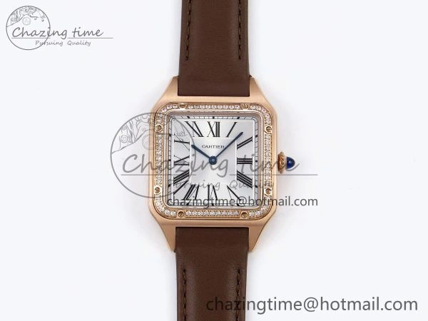 Santos Dumont 31.4mm RG AF 1:1 Best Edition Silver Dial Diamonds Bezel on Brown Leather Strap A157