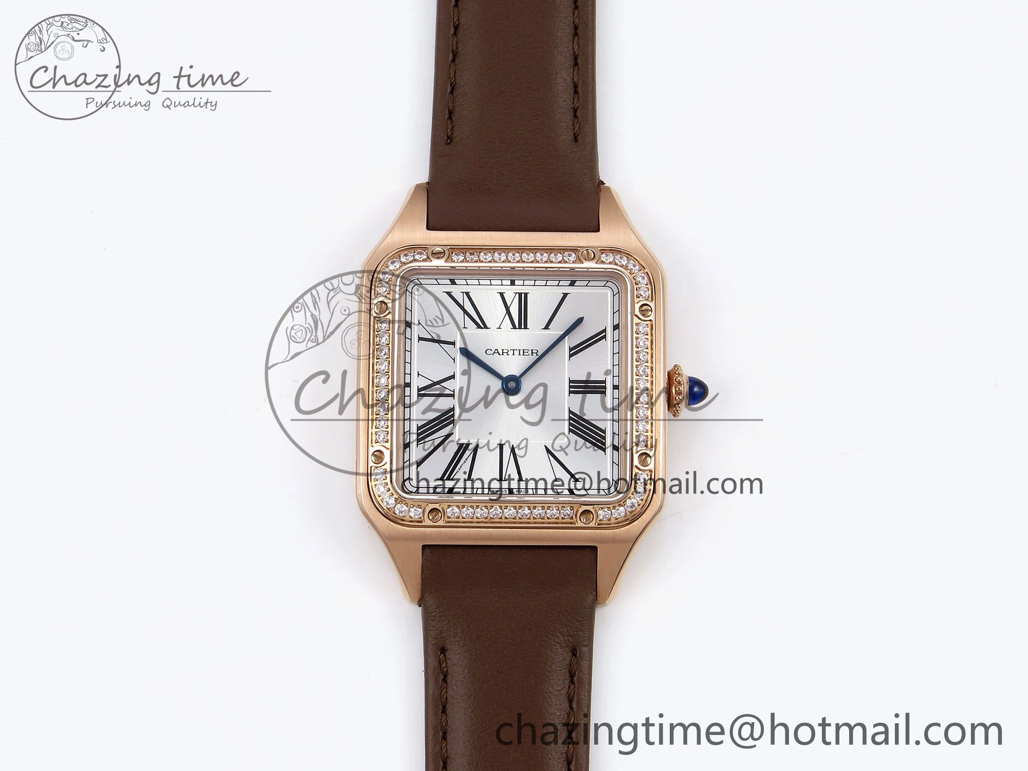 Santos Dumont 31.4mm RG AF 1:1 Best Edition Silver Dial Diamonds Bezel on Brown Leather Strap A157