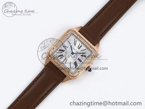 Santos Dumont 31.4mm RG AF 1:1 Best Edition Silver Dial Diamonds Bezel on Brown Leather Strap A157