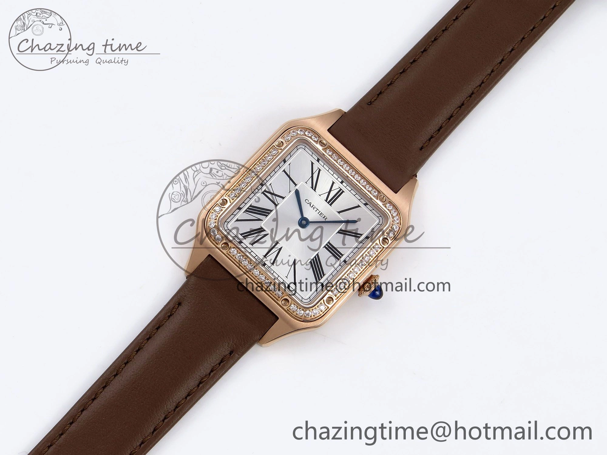 Santos Dumont 31.4mm RG AF 1:1 Best Edition Silver Dial Diamonds Bezel on Brown Leather Strap A157