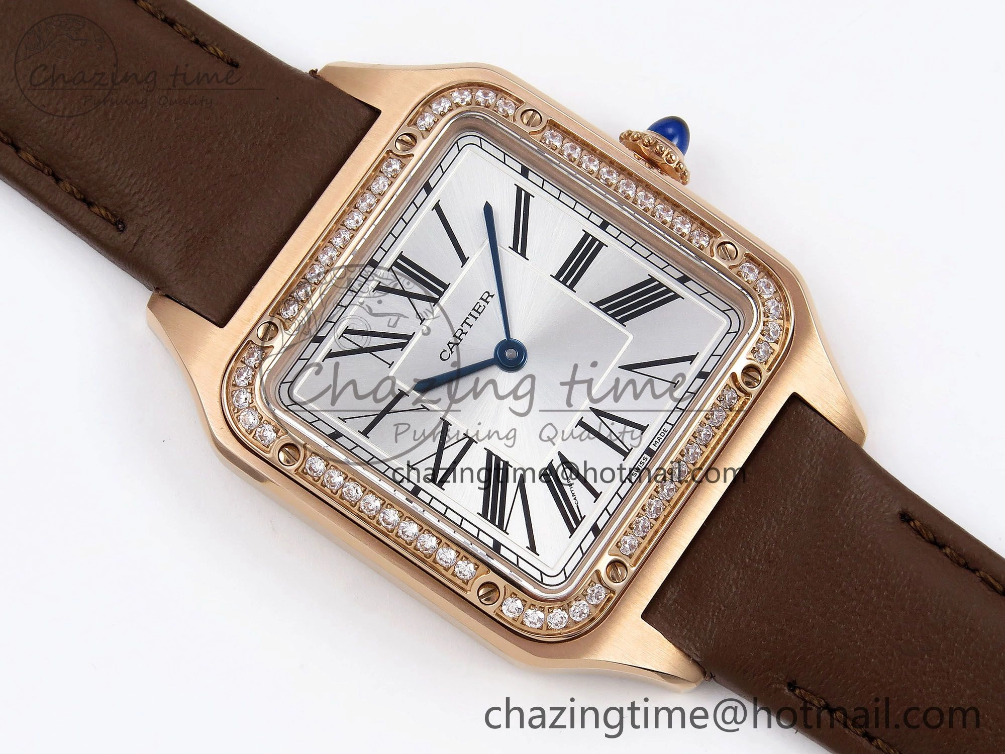 Santos Dumont 31.4mm RG AF 1:1 Best Edition Silver Dial Diamonds Bezel on Brown Leather Strap A157