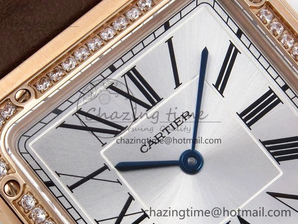 Santos Dumont 31.4mm RG AF 1:1 Best Edition Silver Dial Diamonds Bezel on Brown Leather Strap A157