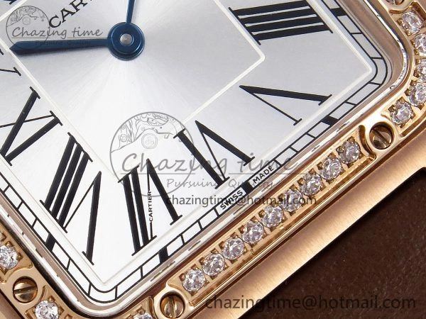 Santos Dumont 31.4mm RG AF 1:1 Best Edition Silver Dial Diamonds Bezel on Brown Leather Strap A157