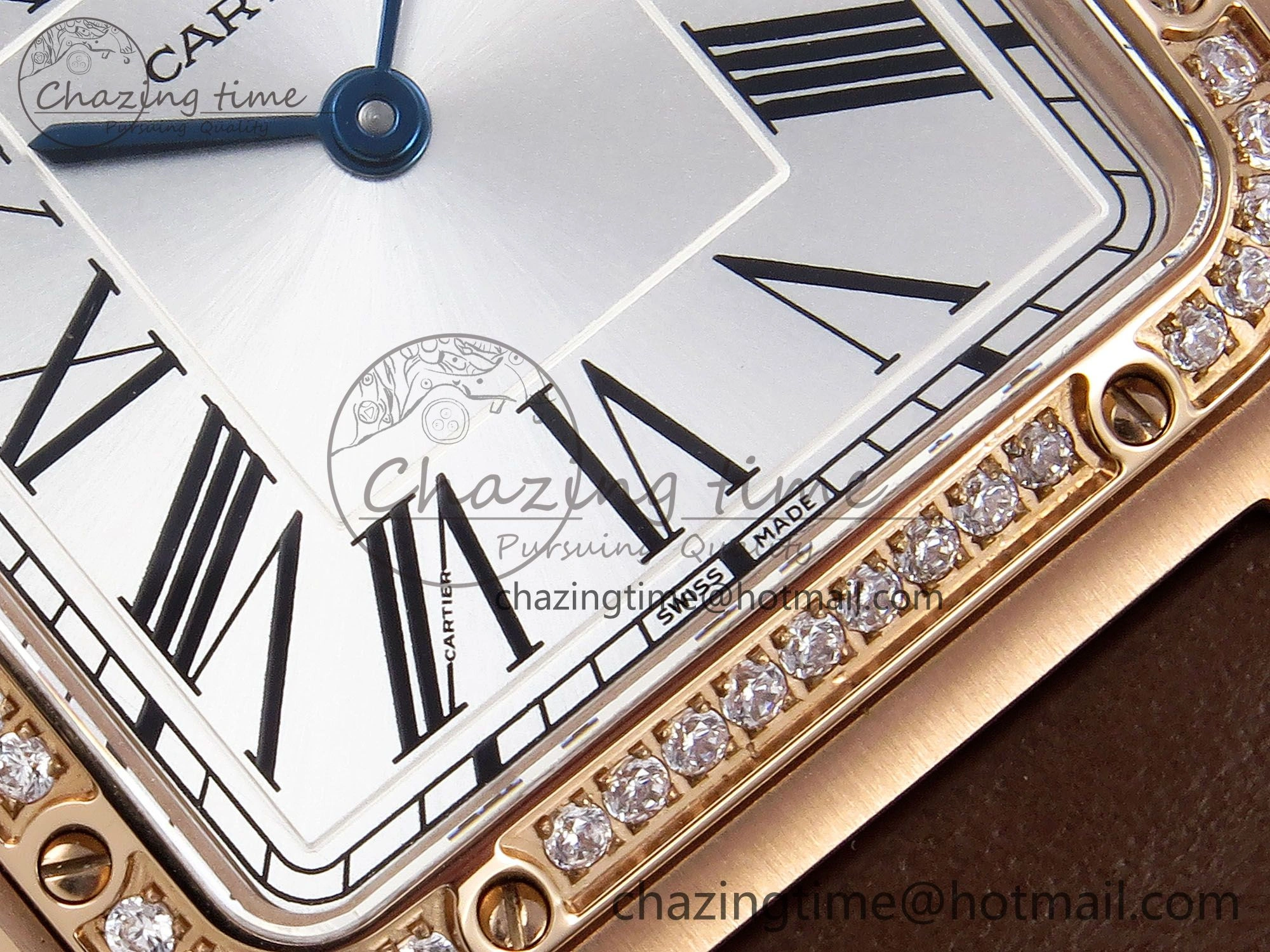 Santos Dumont 31.4mm RG AF 1:1 Best Edition Silver Dial Diamonds Bezel on Brown Leather Strap A157