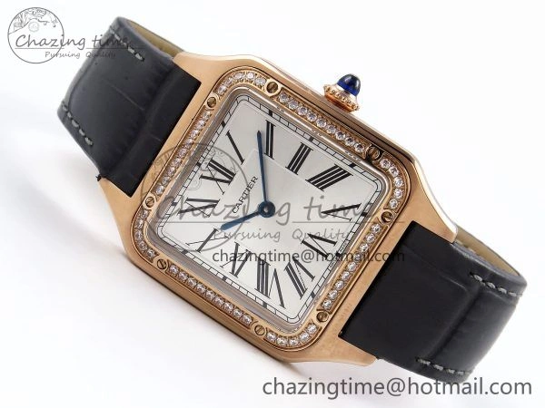 Santos Dumont 31.4mm RG AF 1:1 Best Edition Silver Dial Diamonds Bezel on Gray Croco Strap A157