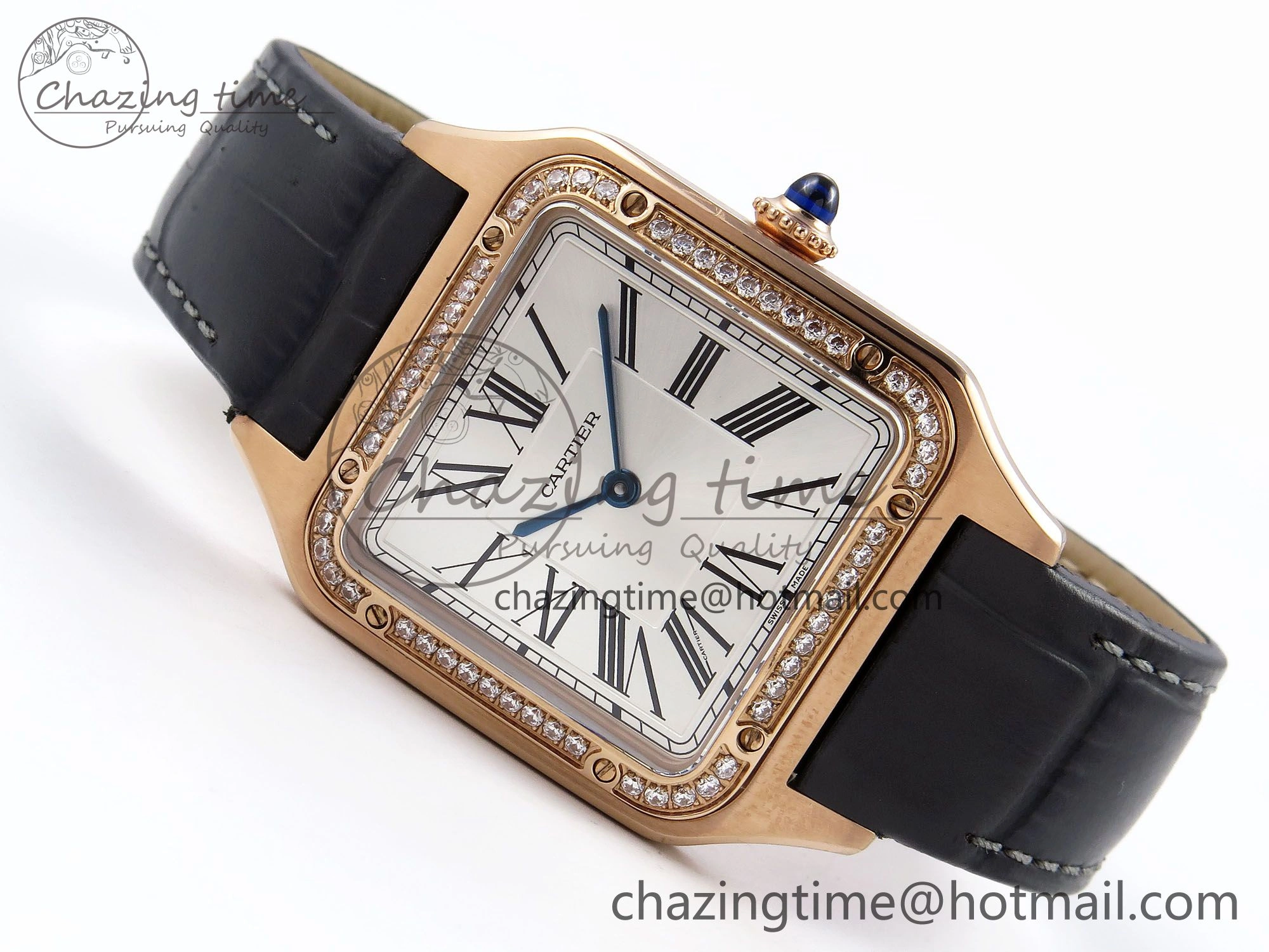 Santos Dumont 31.4mm RG AF 1:1 Best Edition Silver Dial Diamonds Bezel on Gray Croco Strap A157