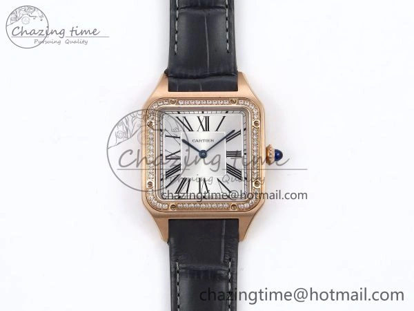 Santos Dumont 31.4mm RG AF 1:1 Best Edition Silver Dial Diamonds Bezel on Gray Croco Strap A157