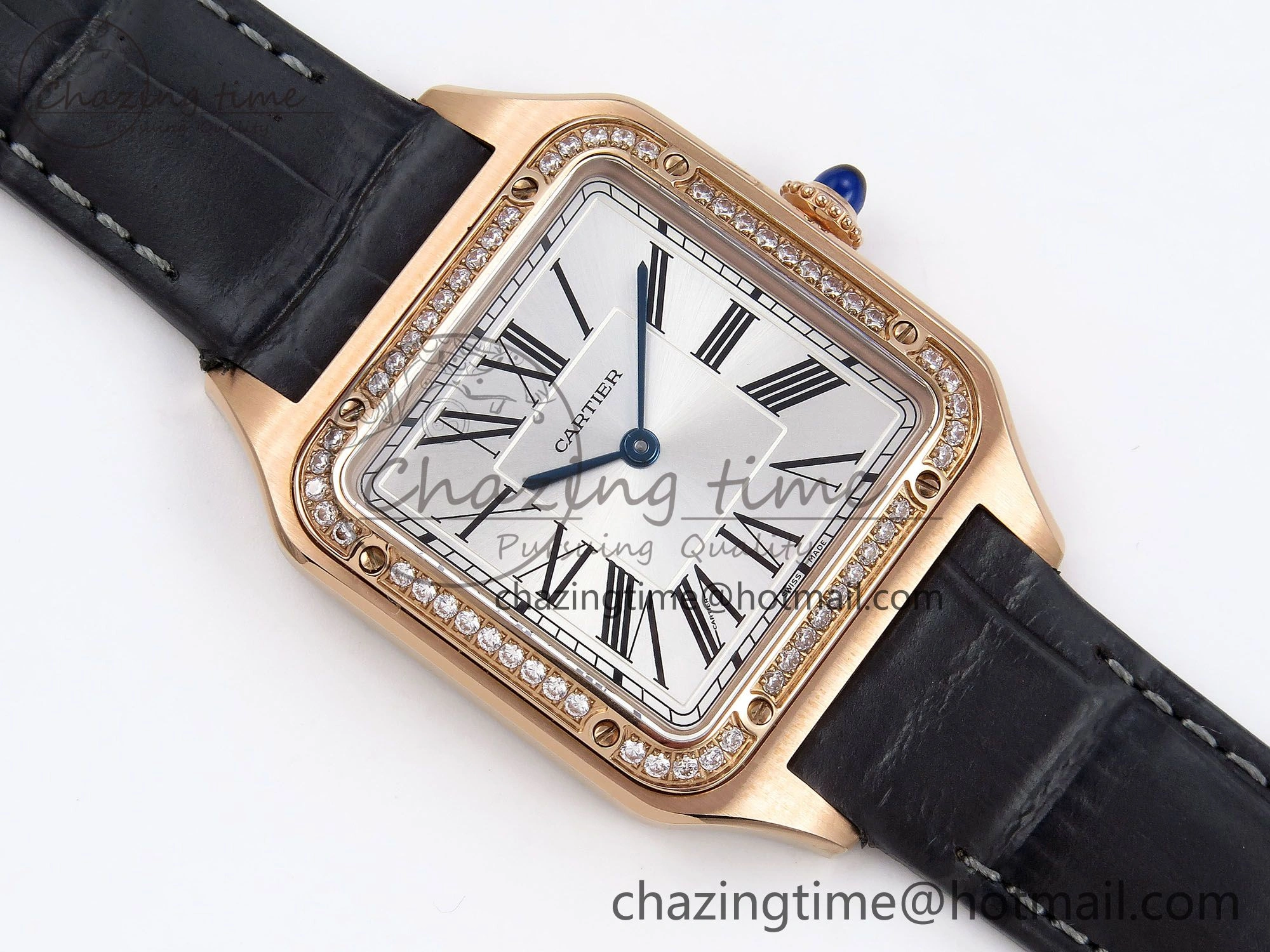 Santos Dumont 31.4mm RG AF 1:1 Best Edition Silver Dial Diamonds Bezel on Gray Croco Strap A157
