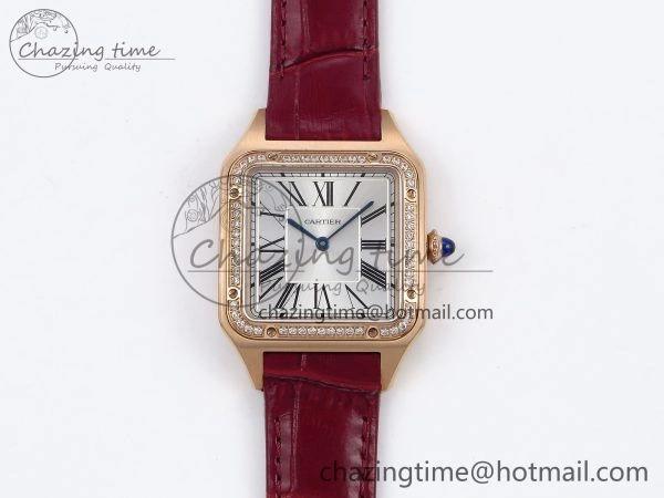 Santos Dumont 31.4mm RG AF 1:1 Best Edition Silver Dial Diamonds Bezel on Red Croco Strap A157