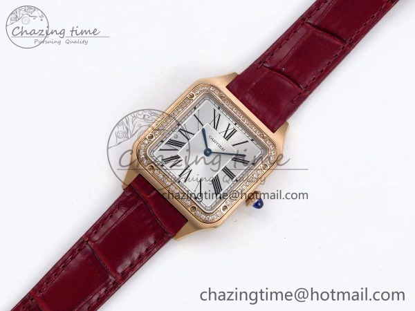 Santos Dumont 31.4mm RG AF 1:1 Best Edition Silver Dial Diamonds Bezel on Red Croco Strap A157