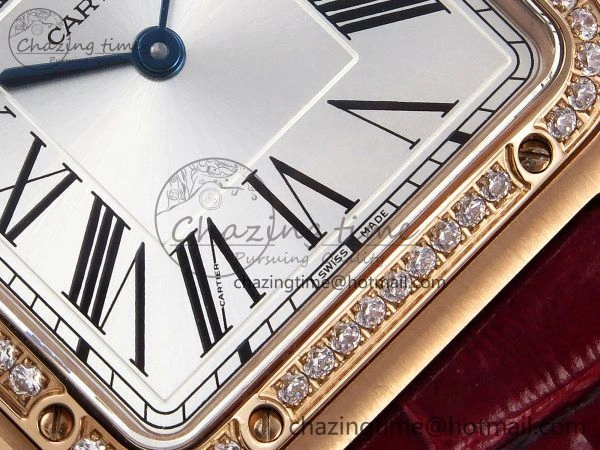 Santos Dumont 31.4mm RG AF 1:1 Best Edition Silver Dial Diamonds Bezel on Red Croco Strap A157