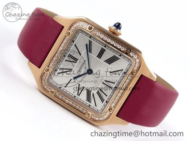 Santos Dumont 31.4mm RG AF 1:1 Best Edition Silver Dial Diamonds Bezel on Red Fabric Strap A157